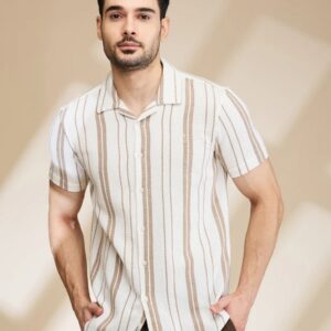 Men's Striped Cream & Taupe Short-Sleeve Shirt